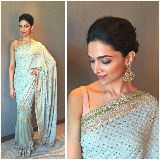 Mastani in a Saree! 8 Photos of Deepika Padukone's saree appearances in 2015! Deepika Padukone looked ethereal in this baby pink-baby blue combination embellished saree and amrapaali ear-rings to promote Bajirao Mastani in Jaipur